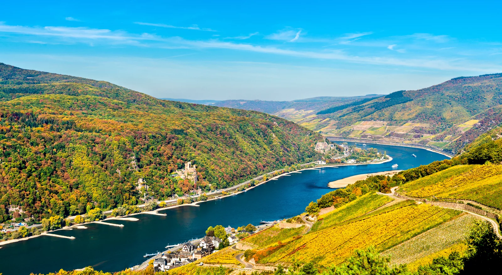A European river winding past historic towns and vineyards
